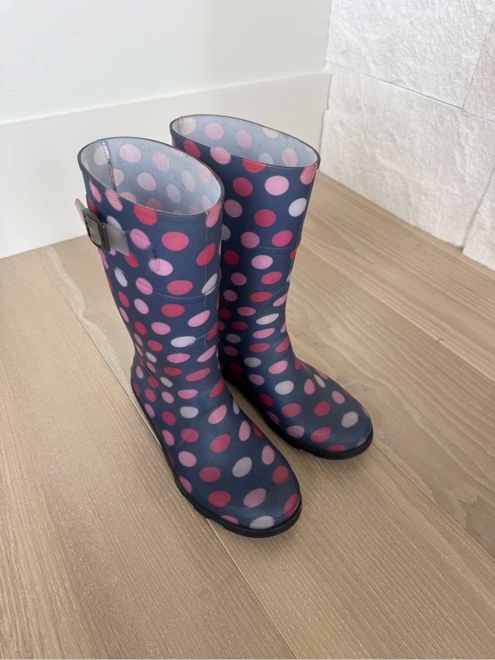 Kamik Navy Rain Boots with Pink & White Polka Dots